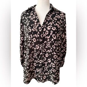 Leopard Print Mob Wife Blouse Sz Large 3/4 Roll-Tab Sleeve Button Up‎ Shirt Y2K